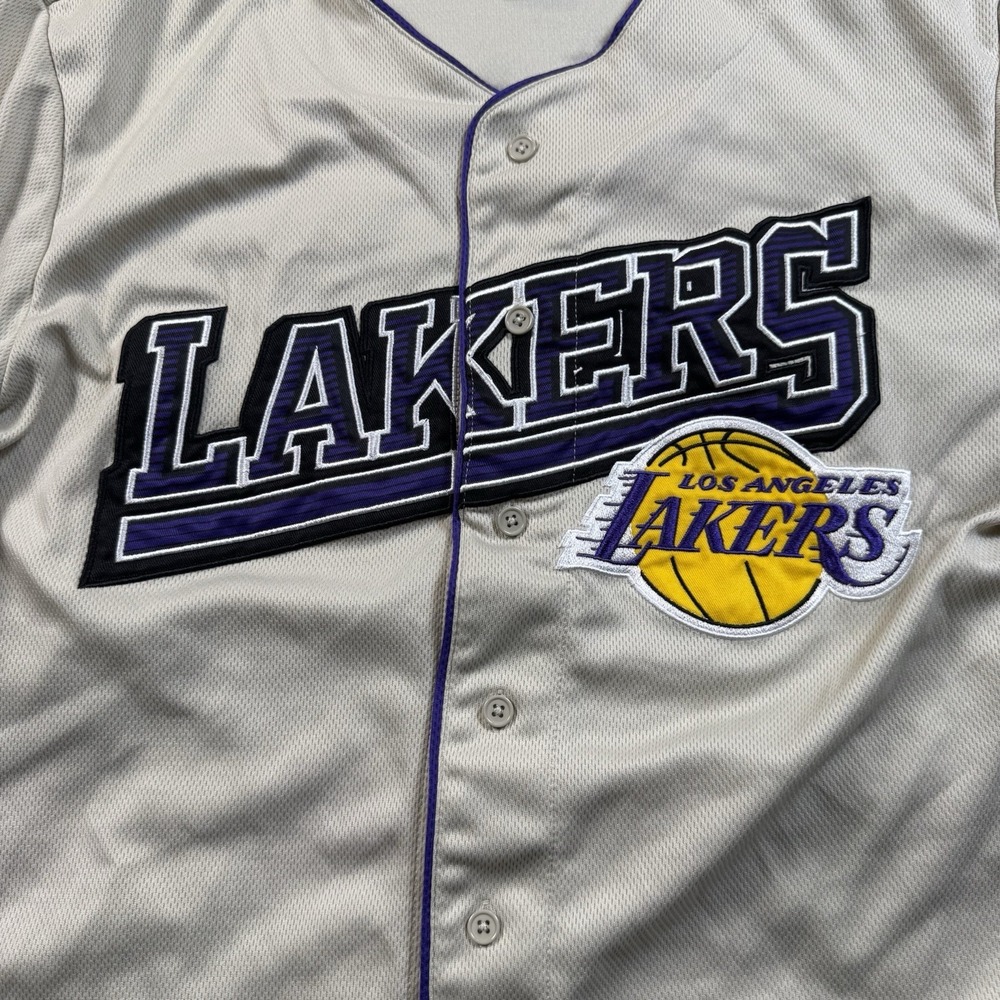 Los Angeles Lakers Baseball Jersey Mens‎ Large Beige Embroidered NBA LeBron Luka - Picture 5 of 8